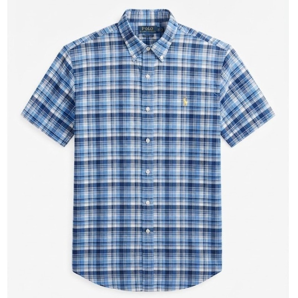 Polo Ralph Lauren Mens Blue Plaid Short Sleeve Button Down Shirt Size Large